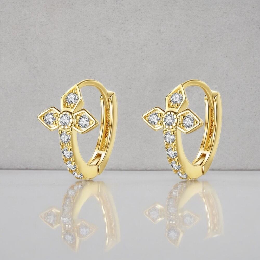 NEW 14K yellow gold pl over sterling silver CZ hoop cross earrings jewelry B5A - Picture 7 of 9